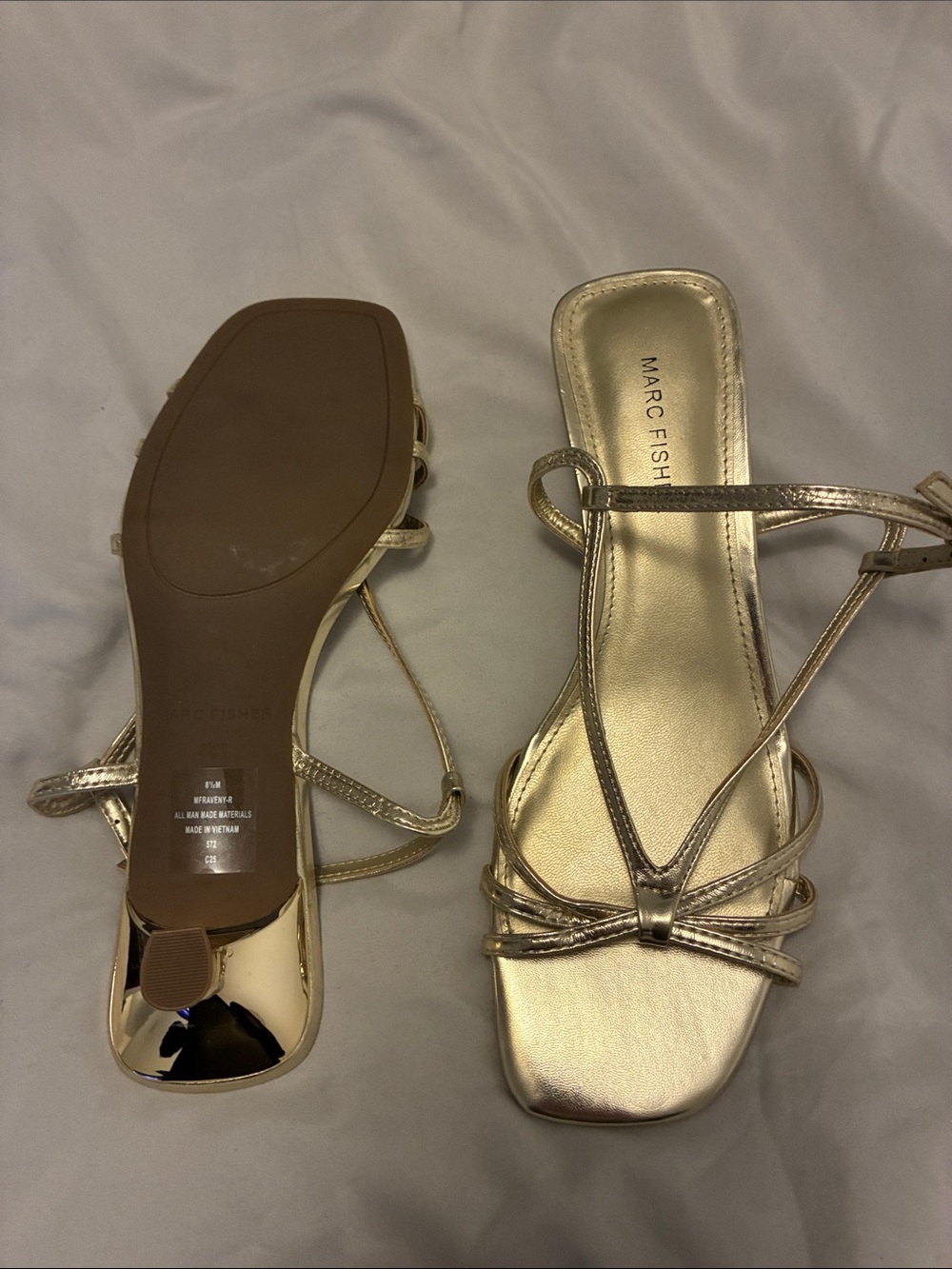 Marc Fisher Metallic Gold Strappy Square-Toe Kitten Heel Sandals